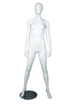 Female full body glossy white abstract mannequin with shoulder width legs
